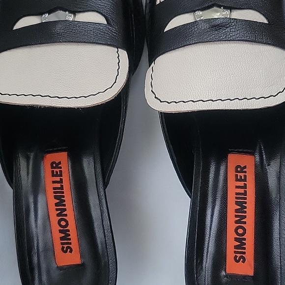 Simon Miller Black and Cream Pointed Penny Leather Mules - Picture 2 of 7